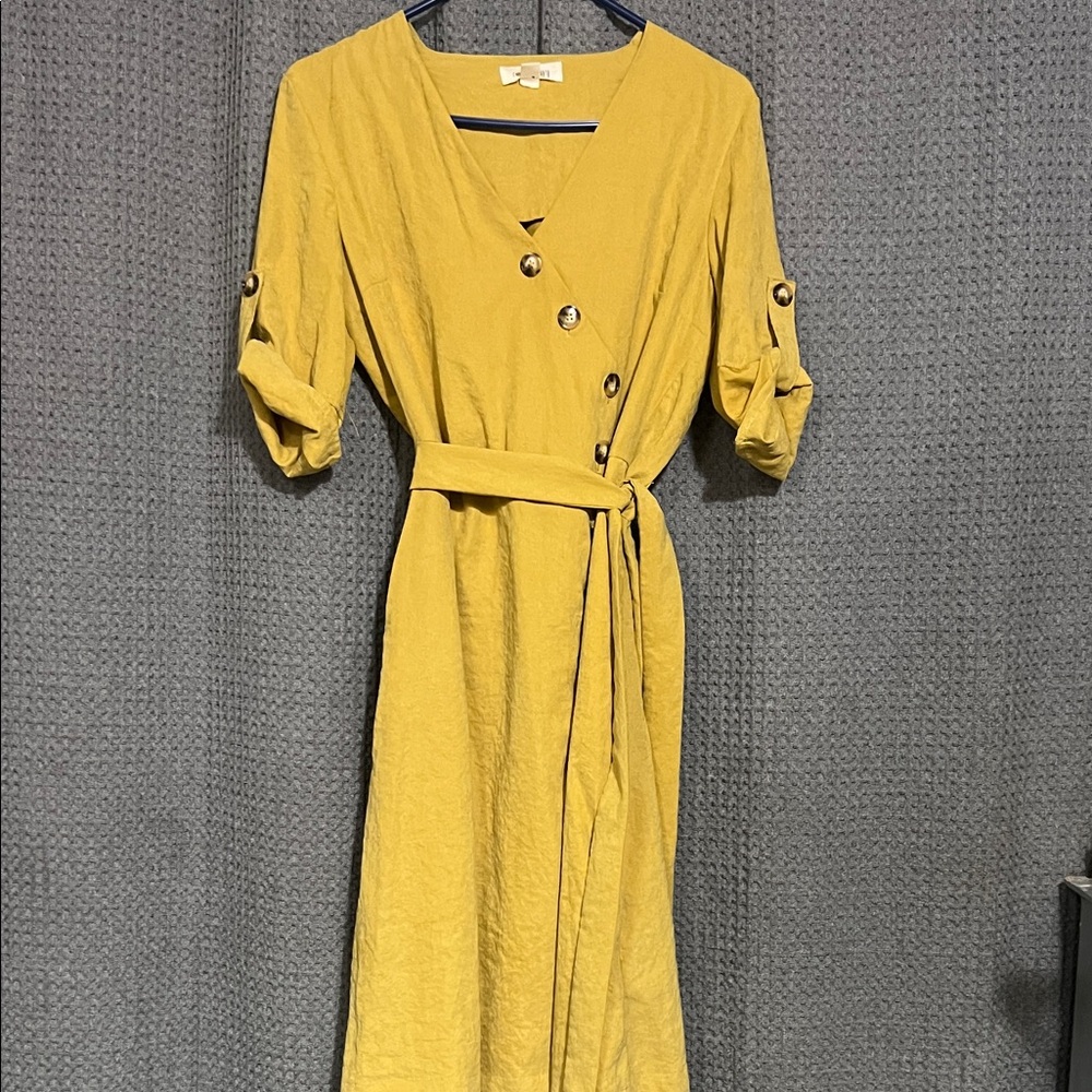 💛Wrap-Front Midi Dress with Self-Tie Belt in Mustard
